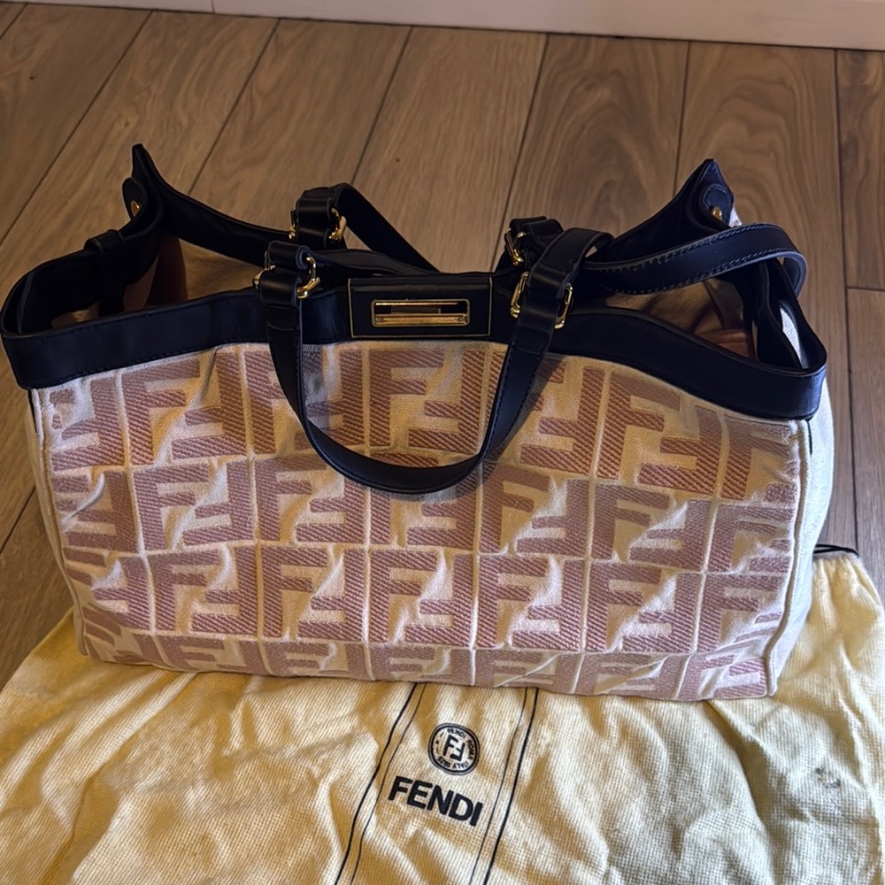 Fendi Pink and Beige Zucca Canvas Tote with Black Leather Trim
